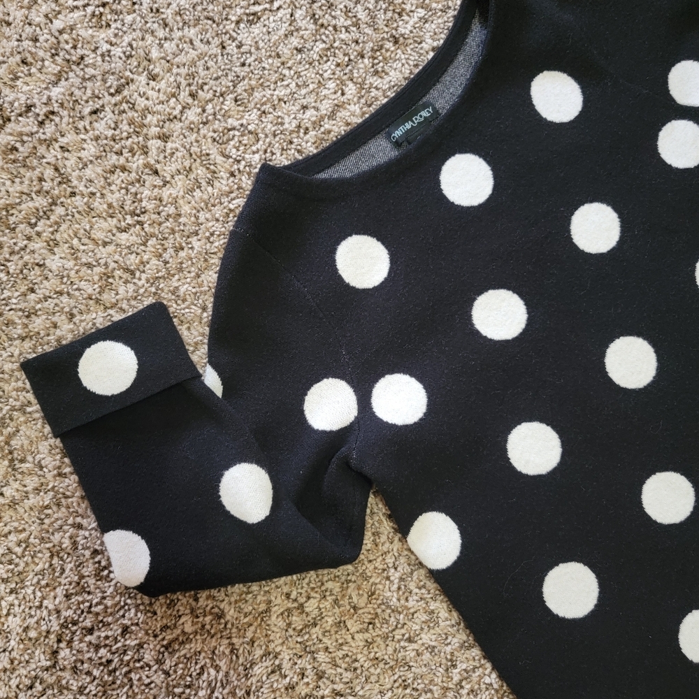 Cynthia Rowley Bateau Neck 3/4 Sleeve black white polka dot sweater blouse top